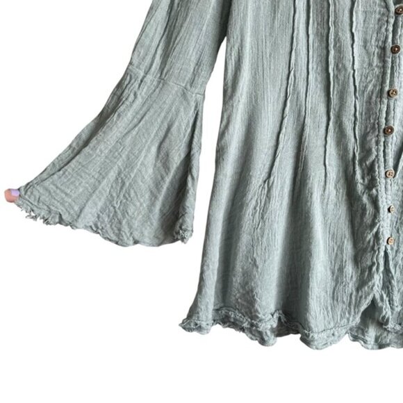 Free People Boho Button-Down Blouse Size Small Green Flowy - Picture 4 of 11